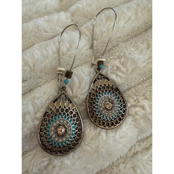 Boho Chic Teardrop Earrings With Turquoise & White Beads Antique Gold Finish Lig - Picture 2 of 5